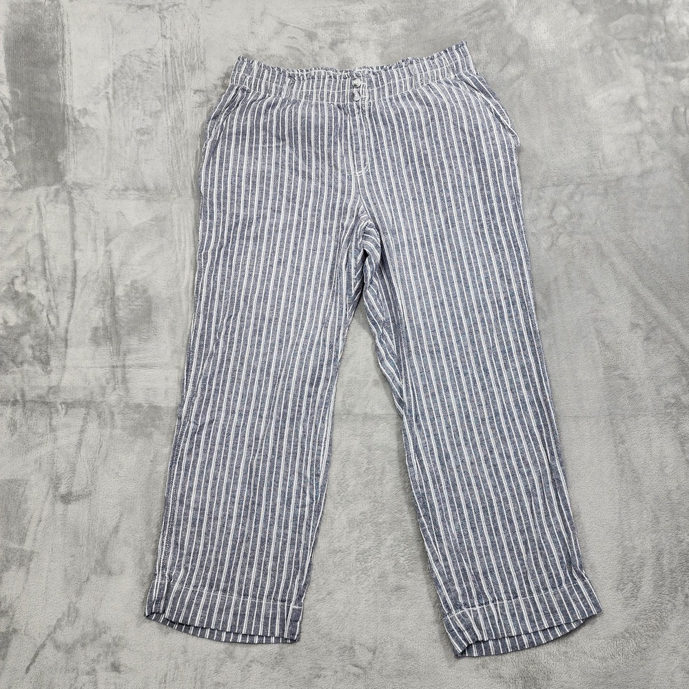 Briggs Pants Womens XL Blue White Striped Linen Rayon Crop Straight Leg Nautical
